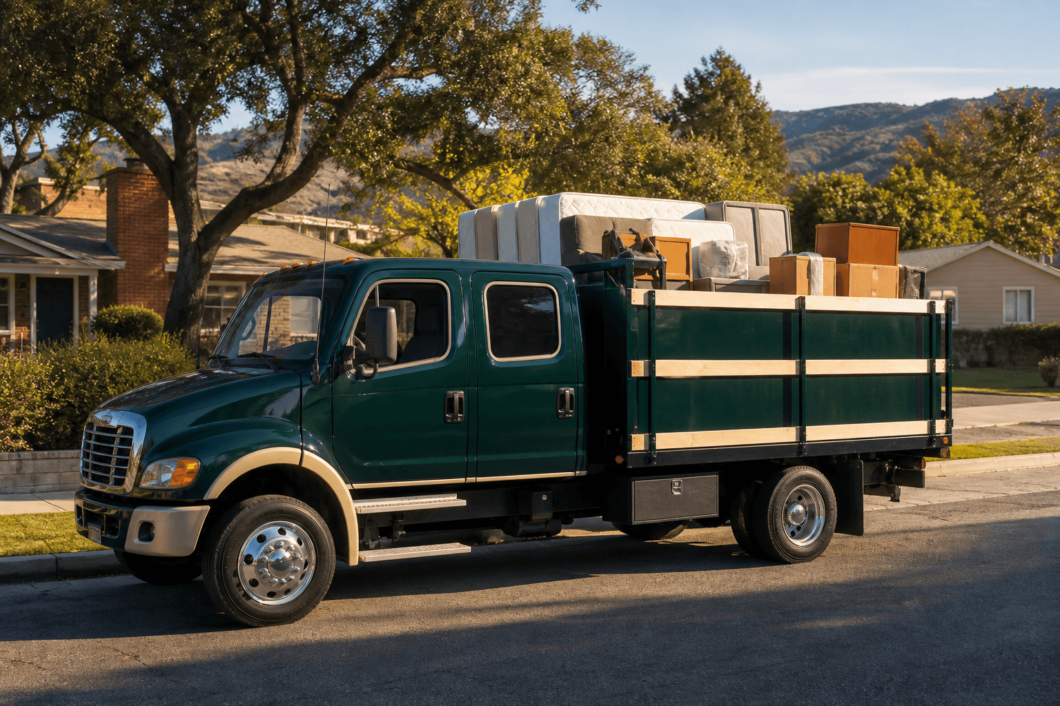 Clearway junk hauling truck parked on a sunny Hayward, California residential street with furniture neatly loaded in the bed