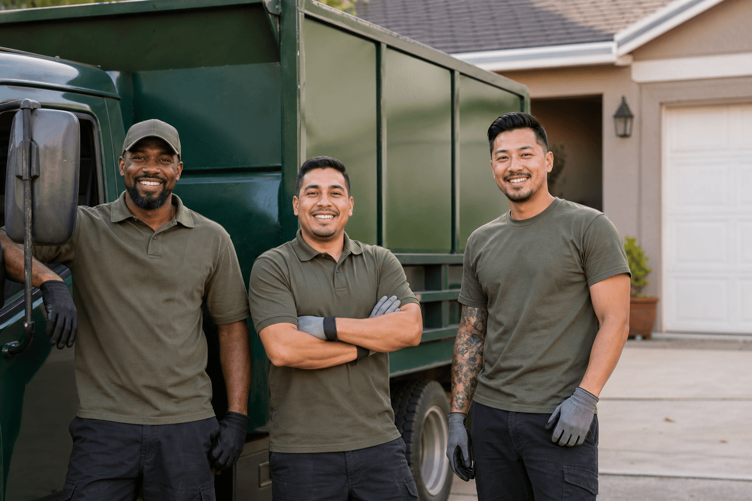 Clearway junk removal crew standing with a forest-green truck in a Hayward driveway